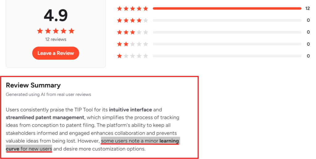 A G2 review summary for the TIP Tool highlights an overall 4.9 rating and mentions a minor learning curve for new users.