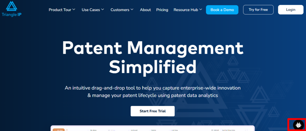 Triangle IP home page showing TIP Tool chatbot for patent management.