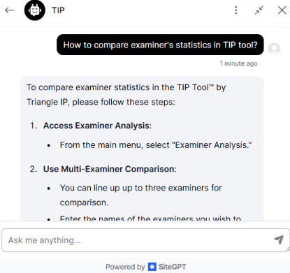 A conversation in the TIP Tool chatbot showing step-by-step instructions for comparing examiner statistics.