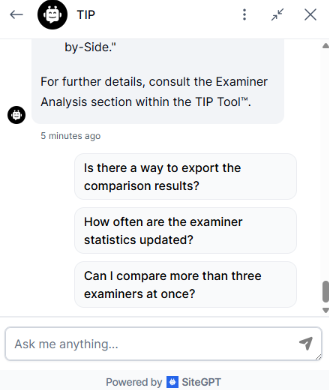 The TIP Tool chatbot window displaying automated follow-up question suggestions for patent examiner statistics.