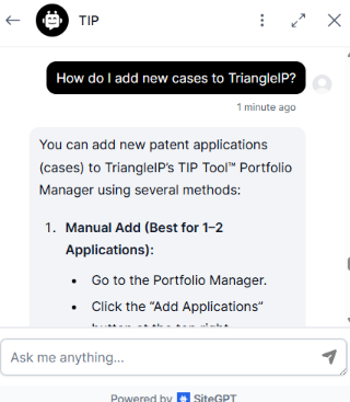 The TIP chatbot provides step-by-step instructions on how to add new patent applications to the Portfolio Manager.