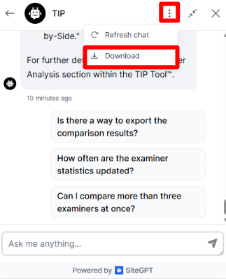 Triangle IP chatbot interface with red boxes highlighting the menu icon and the download chat option.