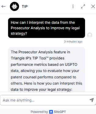 The TIP chatbot explains how to interpret data from the Prosecutor Analysis feature to improve legal strategy.