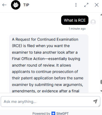 The TIP chatbot generates a response to the user query "What is an RCE?", providing definitions for patent-related terms.