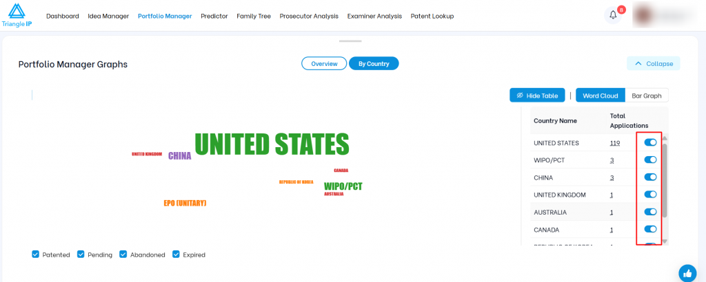 Triangle IP software Portfolio Manager screen highlighting country toggle switches in the Total Applications table to filter word cloud data.