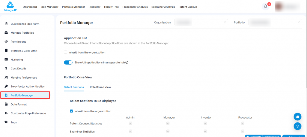 Triangle IP software Portfolio Manager settings page highlighting the Portfolio Manager sidebar tab for patent portfolio customization.