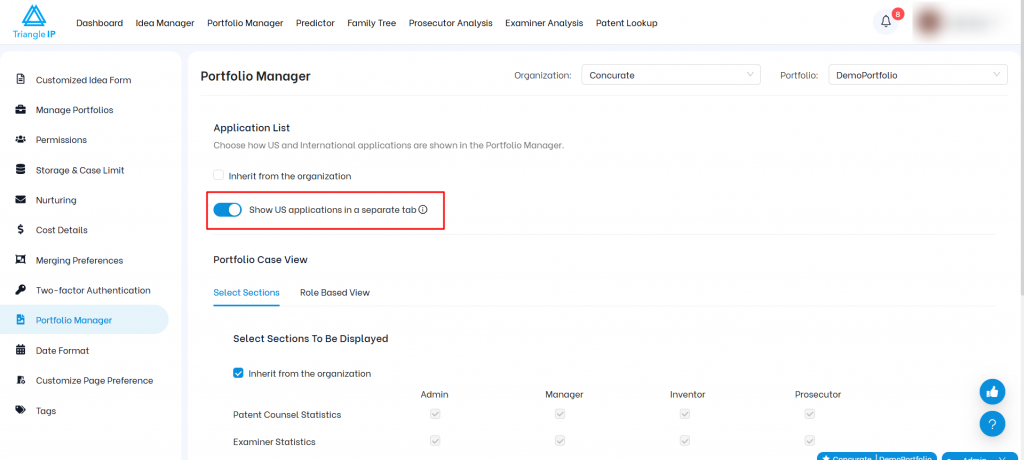 Triangle IP software Portfolio Manager settings page highlighting the "Show US applications in a separate tab" toggle switch under the Application List section.