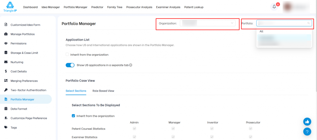 Triangle IP software Portfolio Manager settings page highlighting the Organization and Portfolio dropdown selection menus.