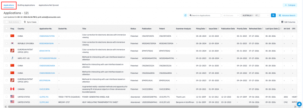 Triangle IP software Portfolio Manager dashboard highlighting the active Applications tab in the patent management view.