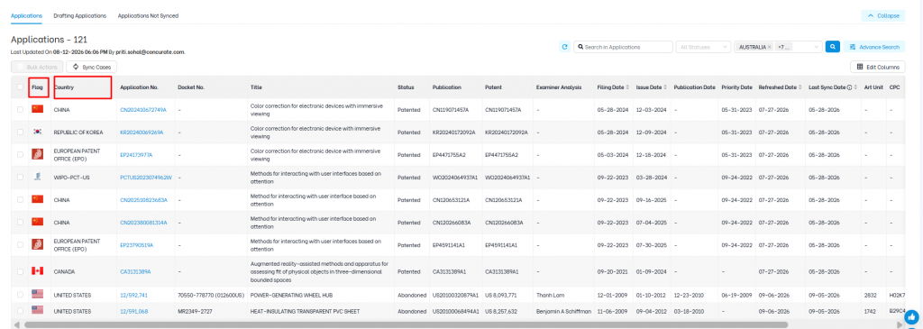 Triangle IP software Portfolio Manager dashboard highlighting the Flag and country section.