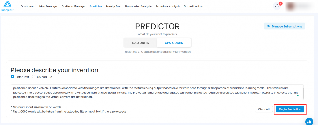 TIP Tool CPC Codes Predictor with invention description entered and Begin Prediction button highlighted