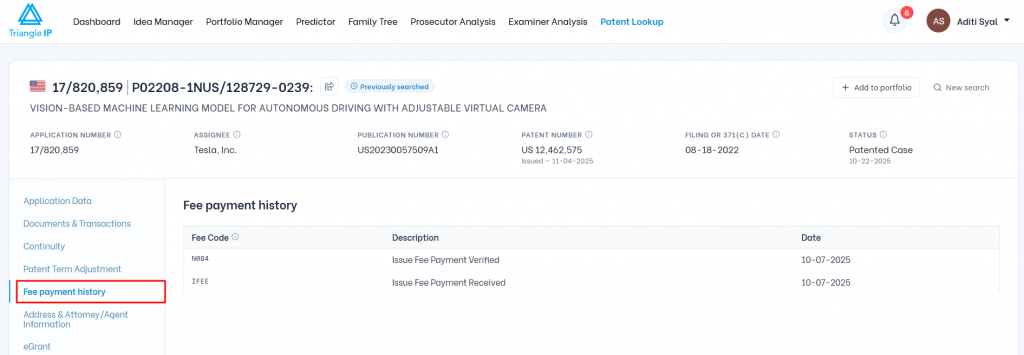 Triangle IP software Patent Lookup view highlighting the active Fee payment history tab displaying recorded transaction codes and descriptions.