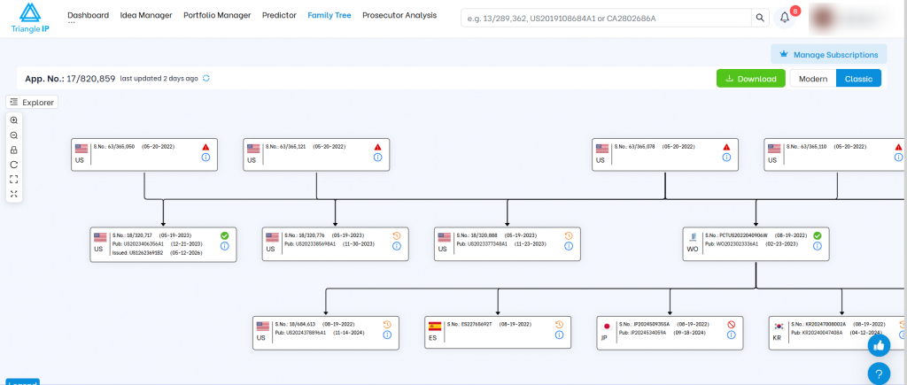 Triangle IP software Family Tree tool displaying a graphical flowchart of patent family connections across multiple jurisdictions.