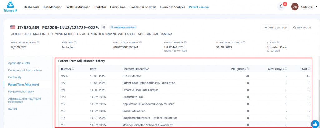 Triangle IP software Patent Lookup view highlighting the Patent Term Adjustment History table detailing PTO and applicant delay events.