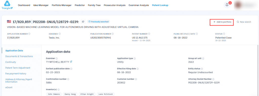 Triangle IP software Patent Lookup view highlighting the "+ Add to portfolio" button on a patent application details page.