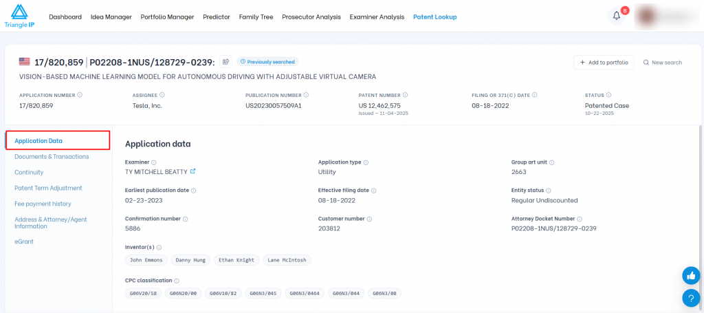 Triangle IP software Patent Lookup view highlighting the active "Application Data" tab showing detailed patent filing information.