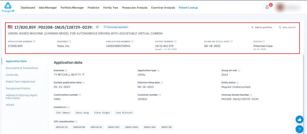 Triangle IP software Patent Lookup results page highlighting the summary header with application number, assignee, patent details, and "Add to portfolio" action.