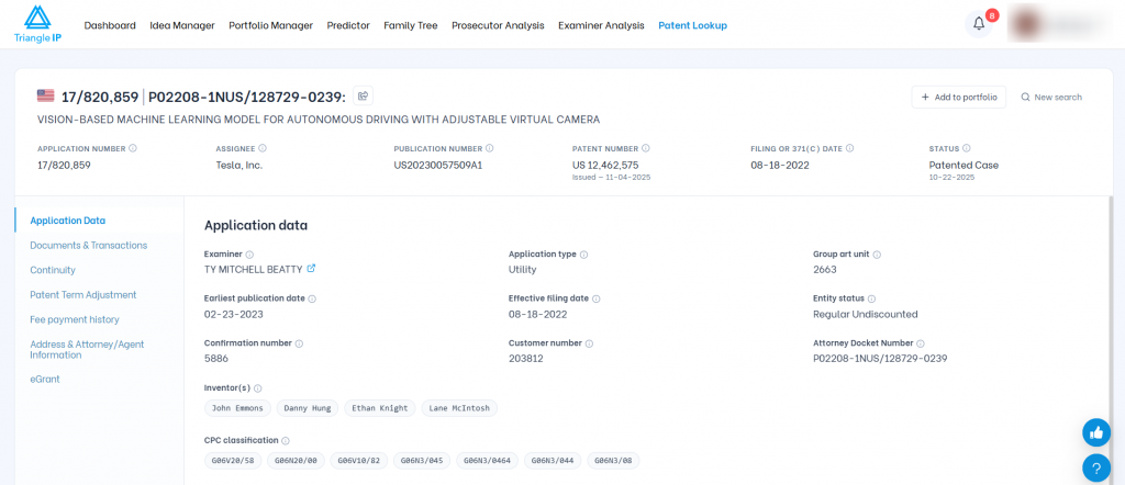 Triangle IP software Patent Lookup results page displaying detailed application data for a vision-based machine learning patent.