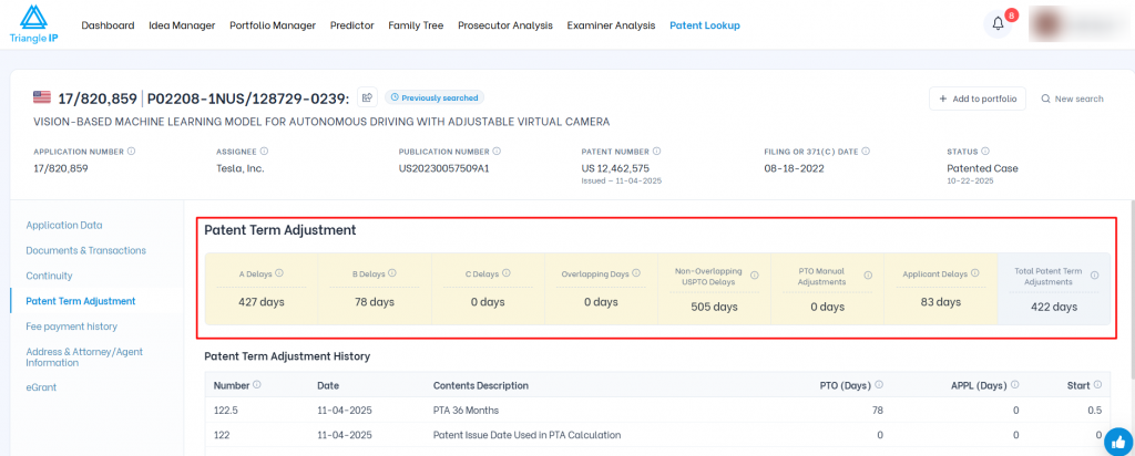 Triangle IP software Patent Lookup view highlighting the Patent Term Adjustment calculation table displaying delay metrics and total days adjusted.