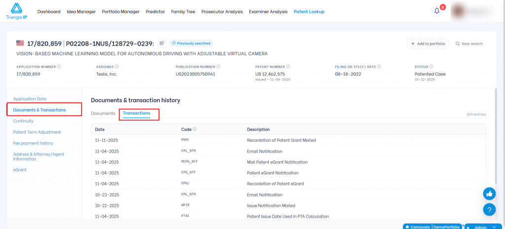 Triangle IP software Patent Lookup view highlighting the active Transactions sub-tab under Documents & Transactions showing patent history events.