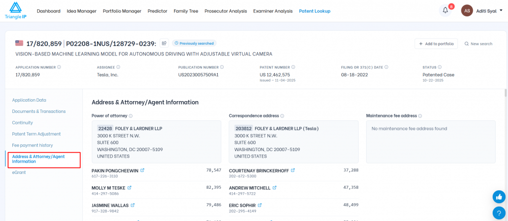Triangle IP software Patent Lookup view highlighting the active Address & Attorney/Agent Information tab displaying legal representation details.