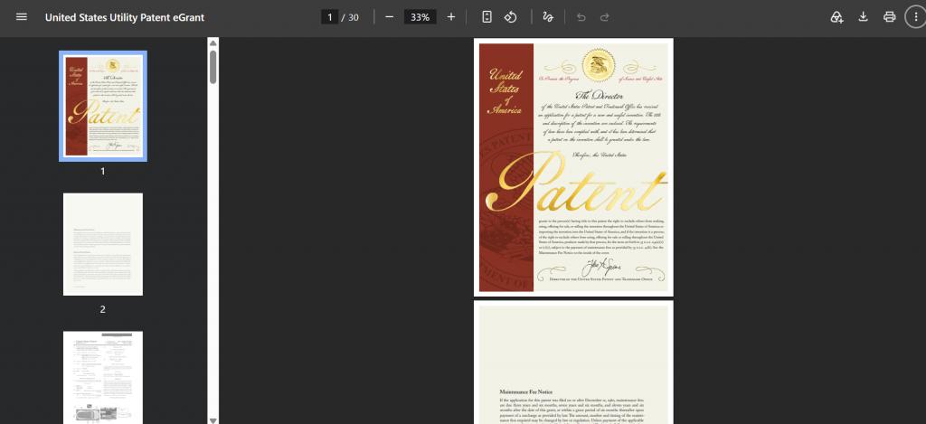 Triangle IP software PDF viewer displaying the official United States Utility Patent eGrant cover page document.