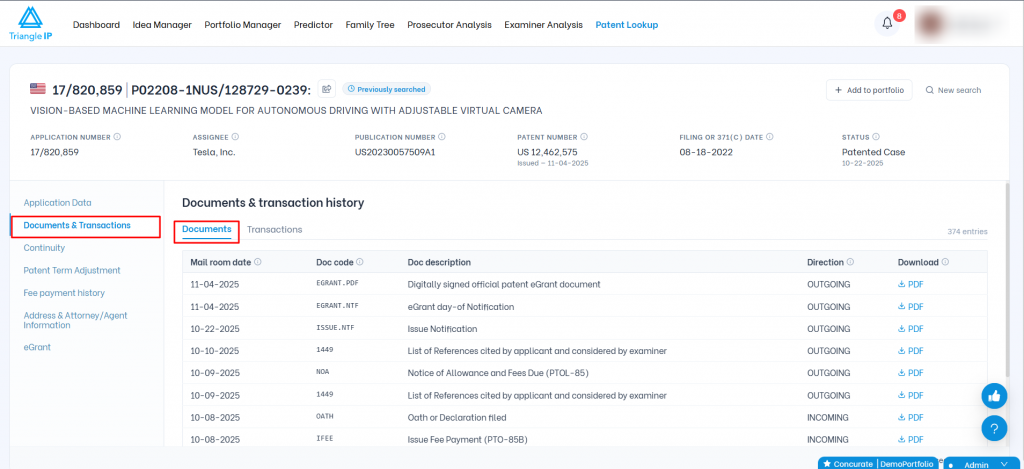 Triangle IP software Patent Lookup view highlighting the active Documents sub-tab under the Documents & Transactions section.