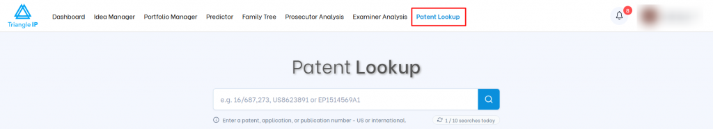 Triangle IP software Patent Lookup search tool highlighting the Patent Lookup navigation tab and search bar interface.