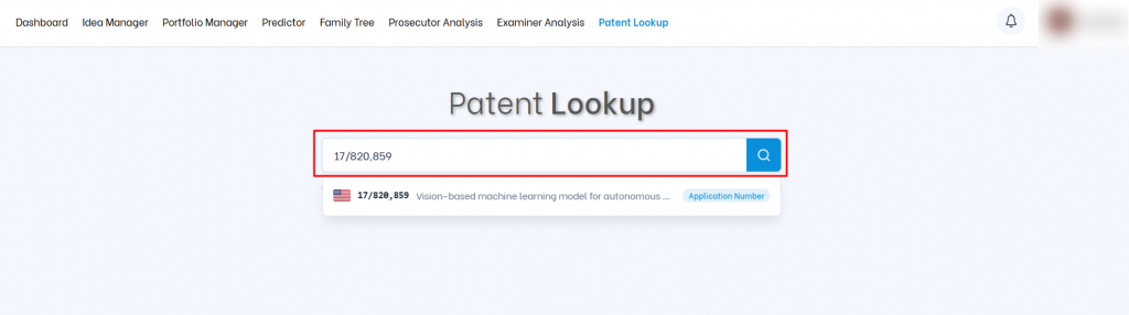 Triangle IP software Patent Lookup search bar highlighting an entered application number with autocomplete suggestions.