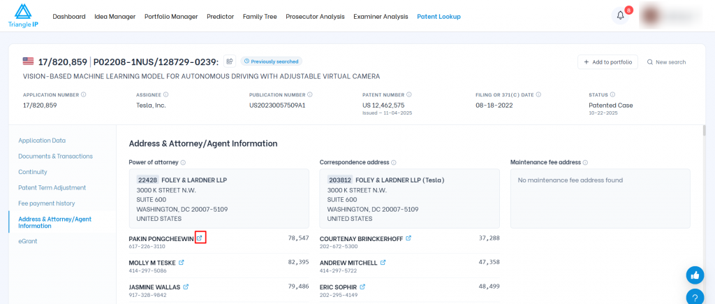 Triangle IP software Patent Lookup view highlighting an external link icon next to an attorney name in the Address & Attorney/Agent Information section.
