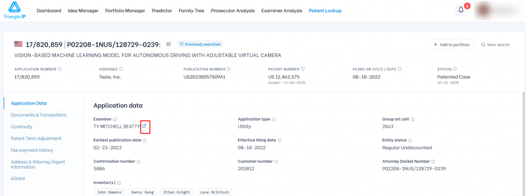 Triangle IP software Patent Lookup view highlighting an external link icon next to the assigned Patent Examiner name.