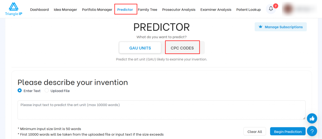 TIP Tool Predictor interface showing GAU Units and CPC Codes tabs with empty invention description field