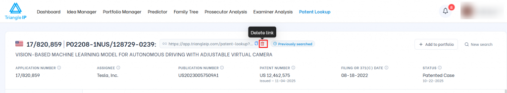 Triangle IP software Patent Lookup view highlighting the "Delete link" trash icon next to a copied shareable URL.