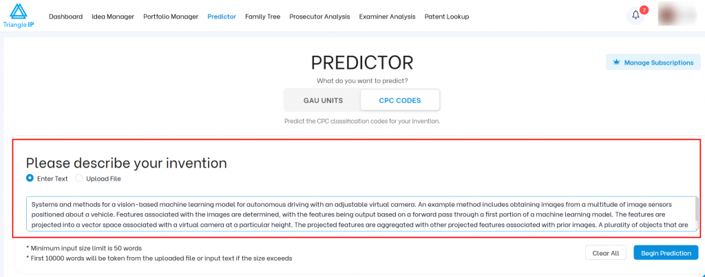 TIP Tool CPC Codes Predictor with invention description about a vision-based machine learning model for autonomous driving entered in the text field