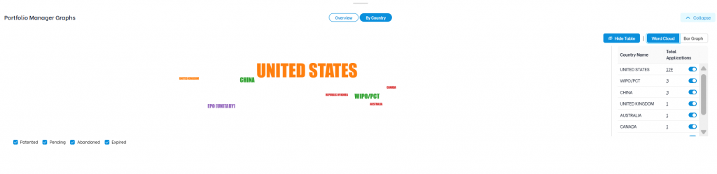 Triangle IP software Portfolio Manager graphs displaying country-wise patent distributions in a word cloud visualization alongside a breakdown table.