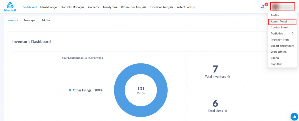 Triangle IP software Inventor's Dashboard displaying patent metrics and profile dropdown menu highlighting the Admin Panel option.